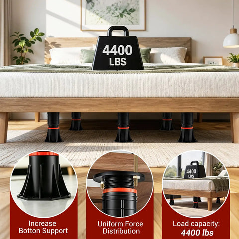 Four Piece Adjustable Bed Support Legs With Reinforced Steel Brackets, Holds Up To 4400 Pounds Per Leg, Ranges From Eight To Thirteen Point Five Inches, Built Tough Heavy Lifters To Ban Saggin And Silence Creaky Queen King Frames under mattress providing bottom support.