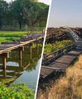 Wooden boardwalks in nature, illustrating need for Heavy Duty 50 Pack 10 Inch Landscape Anchoring Spikes For Pavers Weed Barriers Turf House