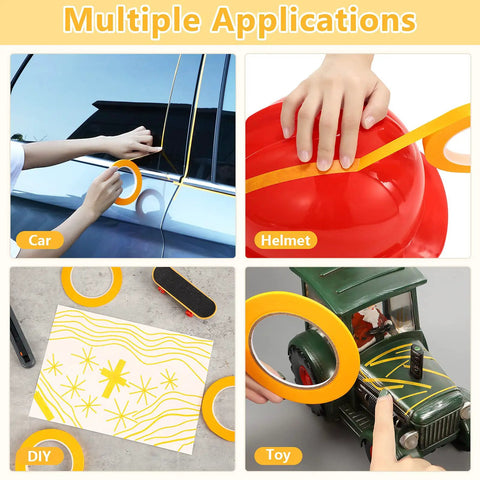 Four Pack Painters Tape Set With 1/16, 1/8, 1/4 And 1/2 Inch Widths applied on car, helmet, DIY art, and toy truck