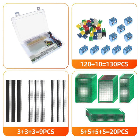 Components of Double Sided PCB Board Kit With 4 Sizes And 365Pcs Pack, headers, jumper wires, terminal connectors, prototyping boards.