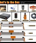 Components included with XE-Ultra Core Desktop CNC Router System With 17x17 Inch Active Area, tools and parts displayed.