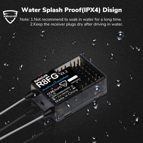 Dual Pack Eight Channel Gyro Receiver Two Point Four GHz Long Range Up To Six Hundred Meters With Anti Interference FHSS Tech Water Splash Resistant Telemetry RX showing IPX4 design