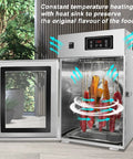 Real Deal Commercial Food Dehydrator Featuring A Durable Rotary Drum And Hella Simple Digital Timer For Making Tender Jerky Sweet Dried Fruit Flavorful Sausages And Garden Produce 7 Kilogram Capacity with meat and veggies inside.