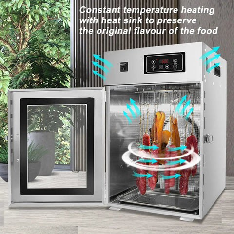 Real Deal Commercial Food Dehydrator Featuring A Durable Rotary Drum And Hella Simple Digital Timer For Making Tender Jerky Sweet Dried Fruit Flavorful Sausages And Garden Produce 7 Kilogram Capacity with meat and veggies inside.