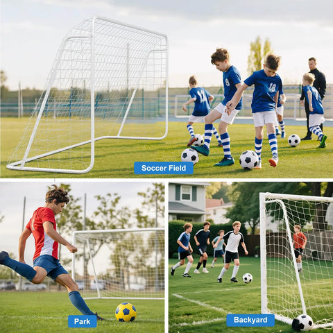 12x6 Ft Foldable Steel Backyard Soccer Goal with Weatherproof Net, teens playing practice drills, goal set with 6 training cones