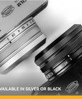 NC UV Silver Frame Lens Protector Filter For Fujifilm X100 Series Cams shown in silver and black on camera lenses
