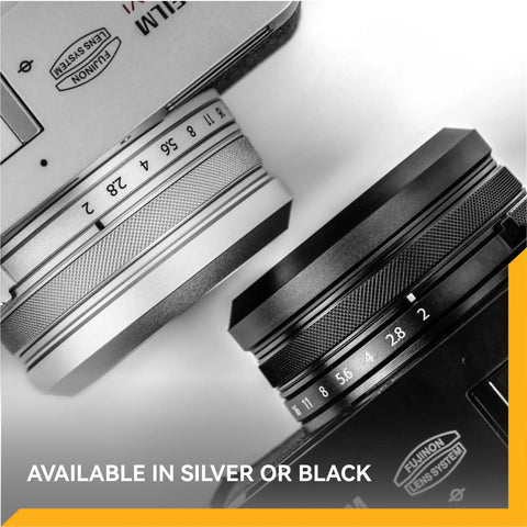 NC UV Silver Frame Lens Protector Filter For Fujifilm X100 Series Cams shown in silver and black on camera lenses