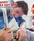 Man using 25 Piece Folding Allen Wrench Set With Metric And SAE Hex Keys And Torx for home auto DIY project under sink