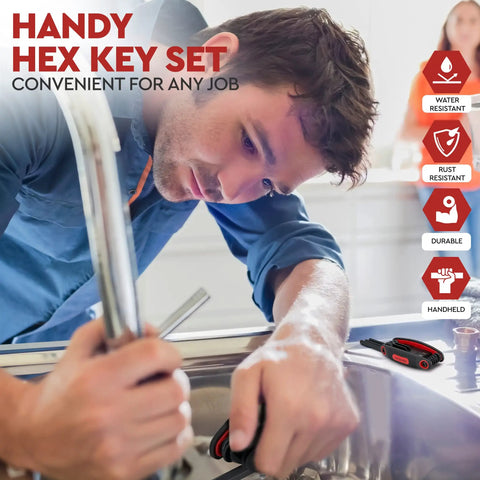 Man using 25 Piece Folding Allen Wrench Set With Metric And SAE Hex Keys And Torx for home auto DIY project under sink