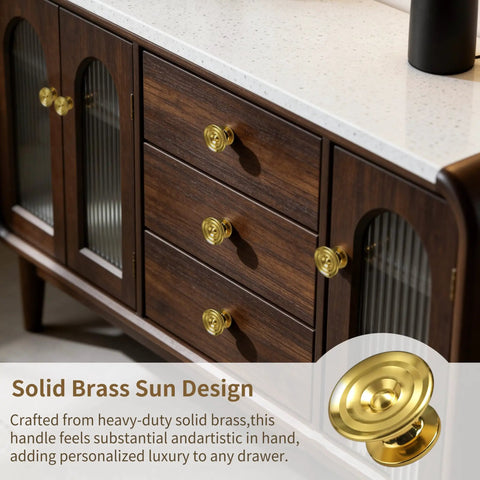 4 Pack Solid Brass Gold Sunburst Cabinet Knobs 1.65 Inch Oversized Round Drawer Pulls on wooden dresser