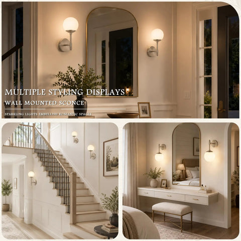 KoKo&Yukina 2 Pack Nickel Mid Century Wall Sconce Bedroom Bulb Included displayed in a stylish living room with mirror.