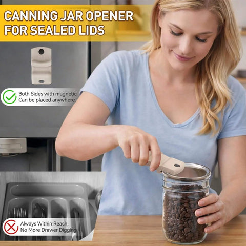 Woman using Four Piece Adjustable Jar Opener Set With Gripper And Mason Jar Lid Openers For Arthritis Relief Stainless Steel Can Opener