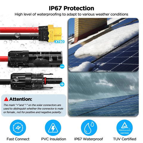 10 Foot MC4 To XT60 Solar Charge Cable With 12AWG Pure Copper Conductors And Waterproof Connectors, IP67 Rated, Connectors Detail