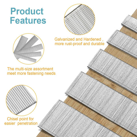 Built Tough 18 Gauge Brad Nails And Fasteners In Five Go To Sizes, assorted lengths displayed on wood, galvanized for durability.