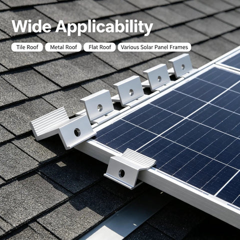 Close-up of Ten Piece Heavy Duty Solar Panel Mount End Clamps With Rock Solid Aluminum Z Brackets on roof installation.