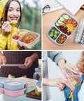 4 Pack Bento Lunch Box Set With Three Compartment Meal Prep Containers, wheat straw plastic, various uses shown