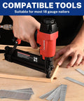 Image of a person using a brad nailer with 18 gauge brad nails on a wooden frame for carpentry tasks.