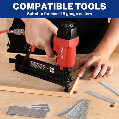 Image of a person using a brad nailer with 18 gauge brad nails on a wooden frame for carpentry tasks.