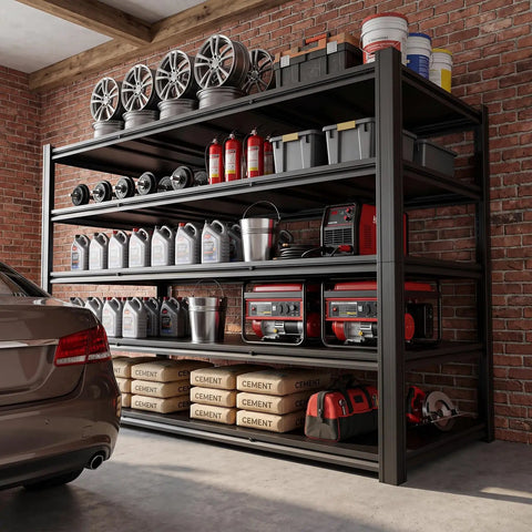 Heavy Duty 5 Tier Garage Shelving Unit Packing 5000 Lbs Metal Storage Rack Adjustable Industrial workhorse shelf for tools and supplies.