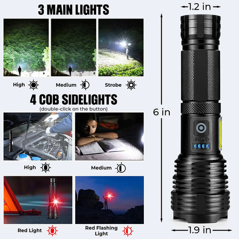 Ultra Bright USB Rechargeable LED Flashlight 2 Pack with High Lumen Performance, showing sizes, modes, and light use cases