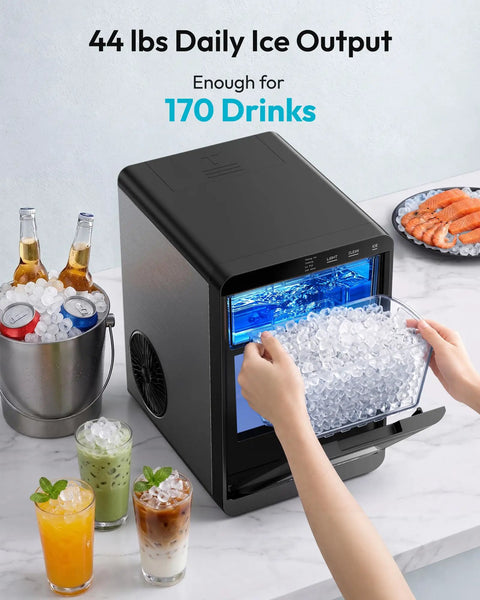 Quick Freeze Countertop Nugget Ice Maker Delivers 44 Pounds Of Soft Sonic Pellet Ice Daily With No Hassle Auto Wash And Smooth Chilling Performance For Everyday Households And Office Crews, showing ice production and drinks.