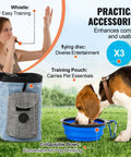 Woman with whistle, dog with collapsible bowl, training pouch, and flying disc accessory; Ultimate Dog Agility Course Backyard Set