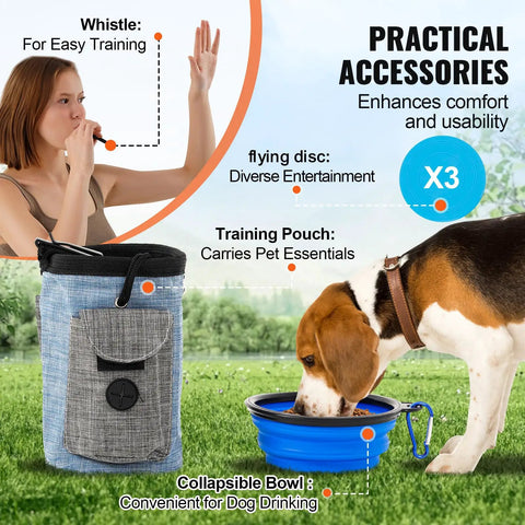Woman with whistle, dog with collapsible bowl, training pouch, and flying disc accessory; Ultimate Dog Agility Course Backyard Set