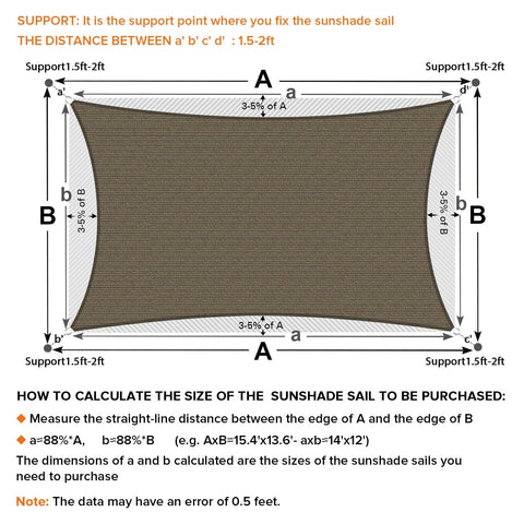 Mocha 7x9 Sun Shade Sail Keeps You Cool No Sweat, HDPE fabric layout with measurements for installation