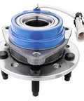 Front view of Front Wheel Hub Bearing Assembly Fits Chevy Malibu 1997 To 2005 Classic, Oldsmobile Alero 1999 To 2004, Pontiac Grand Am 1999 To 2005 Replacement Wheel Hub Direct Fit For Easy Install And Long Lasting Performance, showing blue ABS sensor housing and 5-bolt lug