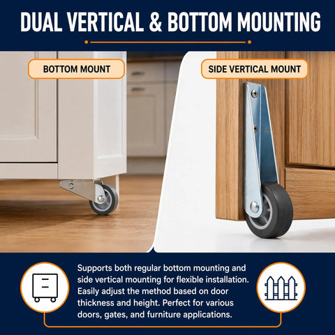 Top Shelf Two Pack Anti Sag Gate Wheels Featuring Thick Carbon Steel Brackets And Non Slip Rubber Casters For Rock Solid Door Support and Smooth Quiet Glide Action with dual mounting options.