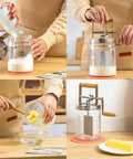 Effortless Hand Crank Butter Churner Fits Classic Mason Jars For Rustic Kitchen Vibes And Making Real Homemade Sweet Cream That The Whole Family Totally Freaks Out Over Daily in use, with glass jar and wooden handle.