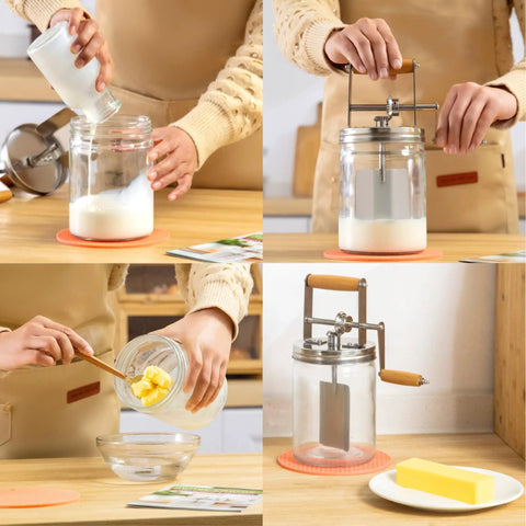 Effortless Hand Crank Butter Churner Fits Classic Mason Jars For Rustic Kitchen Vibes And Making Real Homemade Sweet Cream That The Whole Family Totally Freaks Out Over Daily in use, with glass jar and wooden handle.