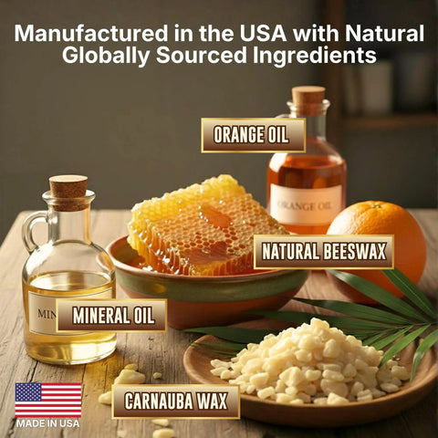 Native Bee Wax Wood Polish And Conditioner Blended With Bright Orange Oil Keep Your Furnishings Straight Up Pristine Restore Deep Color And Smooth Grain For A Clean Slick Shine 8 Oz showcasing orange oil, natural beeswax, carnauba wax, and mineral oil.