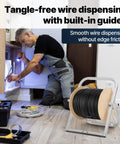Industrial Steel Cable Reel Holder Heavy Duty Spool Rack Dispenser in use beside a technician fixing wiring work