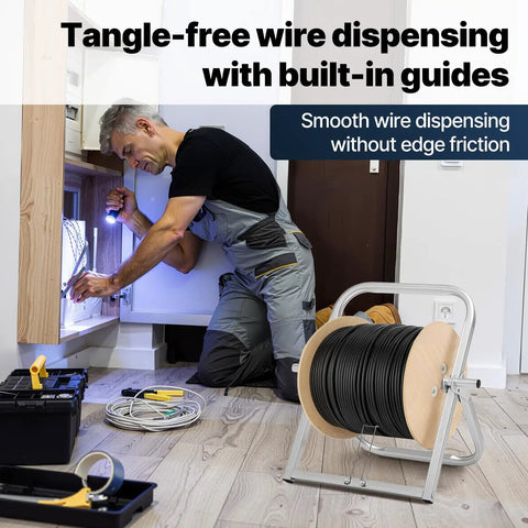 Industrial Steel Cable Reel Holder Heavy Duty Spool Rack Dispenser in use beside a technician fixing wiring work
