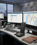 Office setup with Solid Desktop Mic Replacement For RMN5050 And MOTOTRBO Base Stations in a modern dispatch room.