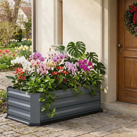 Two Pack Galvanized Raised Garden Beds With Bottom Indoor And Outdoor Use Rust Proof Metal Planter Box Easy Assembly No Leaks Great For Vegetables Herbs Patio Or Balcony Grey filled with colorful flowers on patio