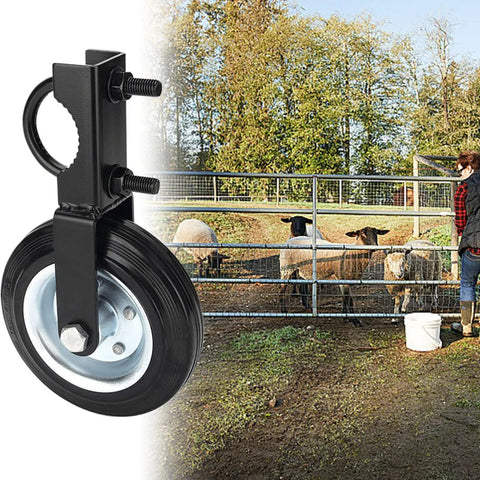 Heavy Duty Gate Wheels That Kill Sag Once And For All Featuring Hella Durable Solid Rubber Tires mounted on a gate with sheep nearby.