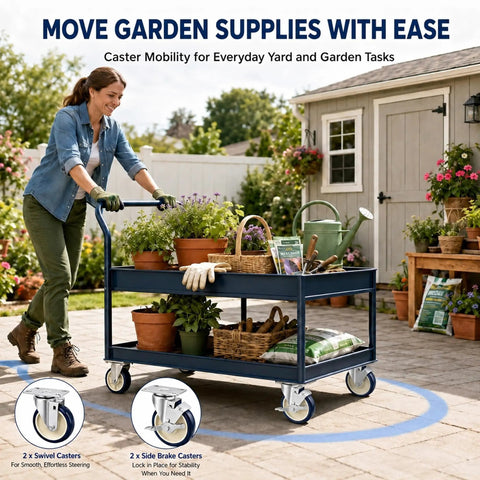 Smooth And Sturdy 5 Inch Rubber Caster Wheels In Blue featuring a garden cart for easy mobility with two swivel and two side brakes.