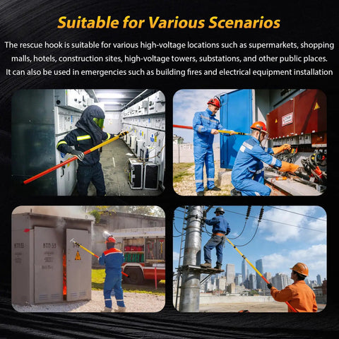 Various scenarios showing the 13.1Ft Telescopic Hot Stick Is Tough As Nails With 35KV Insulated Rescue Hook And Pole for live wire jobs.