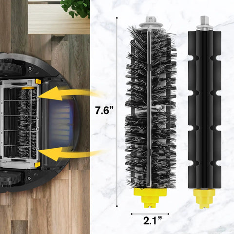 10 Pack Roomba 600 Series Replacement Parts Kit With Side Brushes, Filters, Bristle And Beater Brushes For Roomba 675 690 image showing bristle and beater brush dimensions.