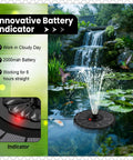 Sun Powered Solar Fountain Pump With 2000mAh Battery And Indicator LED in garden pond setting with water display