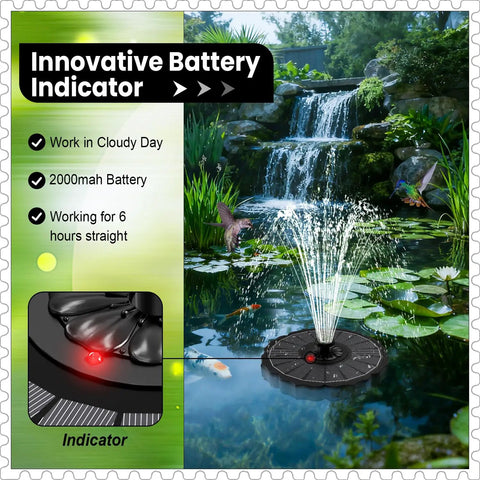 Sun Powered Solar Fountain Pump With 2000mAh Battery And Indicator LED in garden pond setting with water display