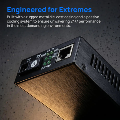 Snag This Gigabit Fiber Optical Media Converter For Serious Speed Up To 3Km With Auto Negotiation On 10 100 1000Mbps And Smooth Single Mode SC Upto Connections That Totally Smash Network Lag close-up of rugged metal casing and ports.