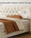 Queen Size Bed Frame With Plush Velvet Upholstered Headboard And Elegant Button Tufting Featuring Heavy Duty Wooden Slats For Zero Hassle Sleep No Box Spring Needed Straight Up Cozy Beige close-up of tufted headboard design