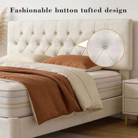 Queen Size Bed Frame With Plush Velvet Upholstered Headboard And Elegant Button Tufting Featuring Heavy Duty Wooden Slats For Zero Hassle Sleep No Box Spring Needed Straight Up Cozy Beige close-up of tufted headboard design