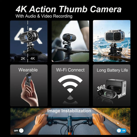 Collage of 4K Mini Wearable Body Camera With 64GB Magnetic Thumb Size Action Cam 6 Axis Stabilization features and settings.