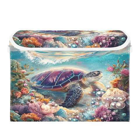 Kick Some Clutter With These Heavy Duty Foldable Storage Bins, Featuring Snug Click Lids And Super Sturdy Handles, Plus Collapsible Oxford Basket Organizers For Real Closet Solutions - Ocean-themed bin with turtle design, 300D fabric.