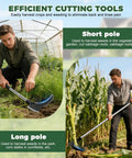 Man using Beast Mode Double Head Sickle Weeding Tool with curved blade in garden, showing short and long pole use.