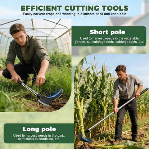 Man using Beast Mode Double Head Sickle Weeding Tool with curved blade in garden, showing short and long pole use.